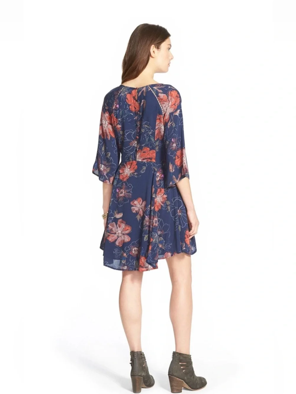 Free People Floral Navy and Orange Lined Dress Size 0 EUC